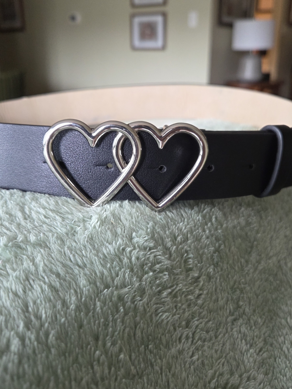 Black Leather Belt with Double Heart Silver Buckle
